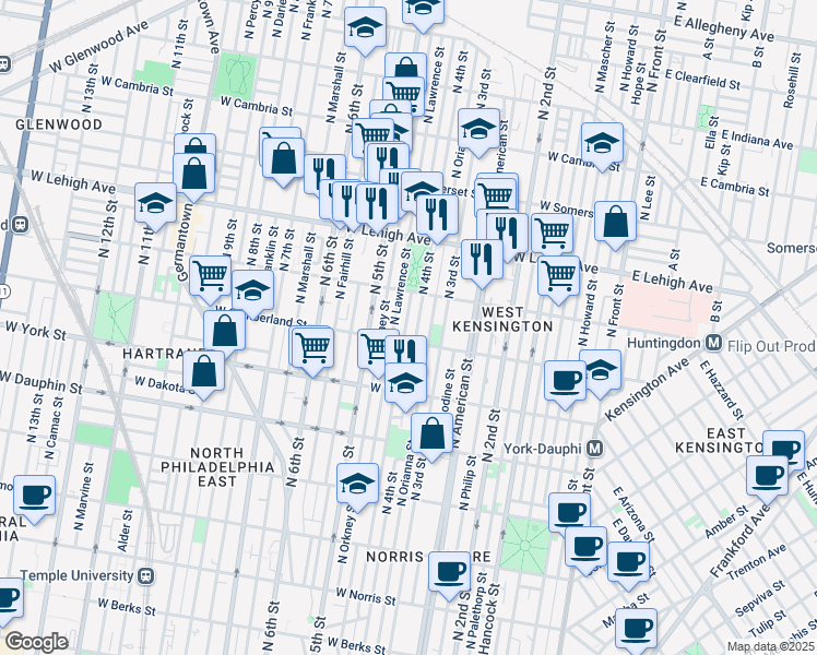 map of restaurants, bars, coffee shops, grocery stores, and more near 2521 North Leithgow Street in Philadelphia