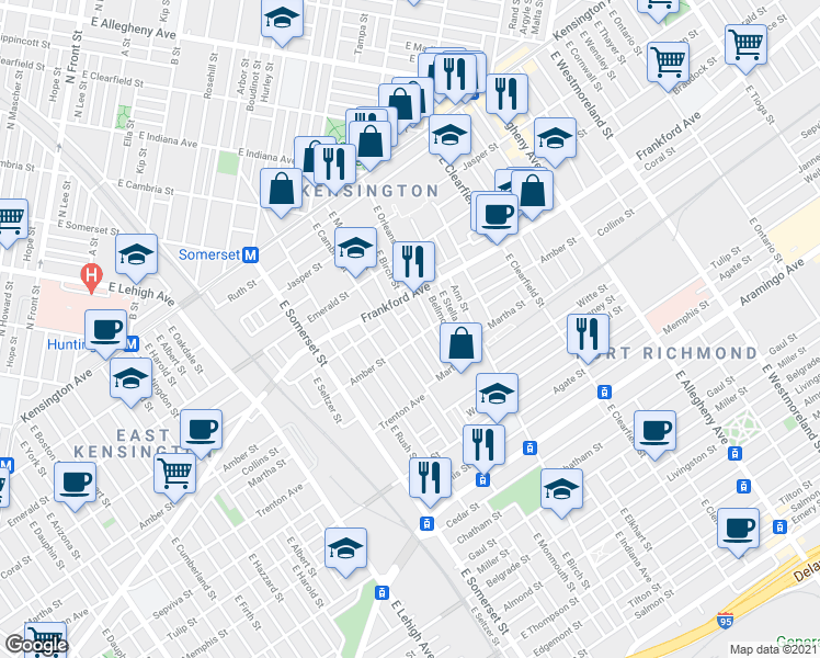 map of restaurants, bars, coffee shops, grocery stores, and more near 2067 East Monmouth Street in Philadelphia