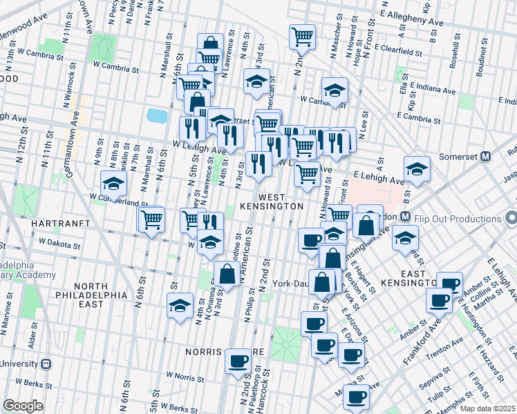 map of restaurants, bars, coffee shops, grocery stores, and more near 2526 North Hancock Street in Philadelphia