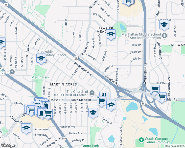 map of restaurants, bars, coffee shops, grocery stores, and more near 4495 Moorhead Avenue in Boulder