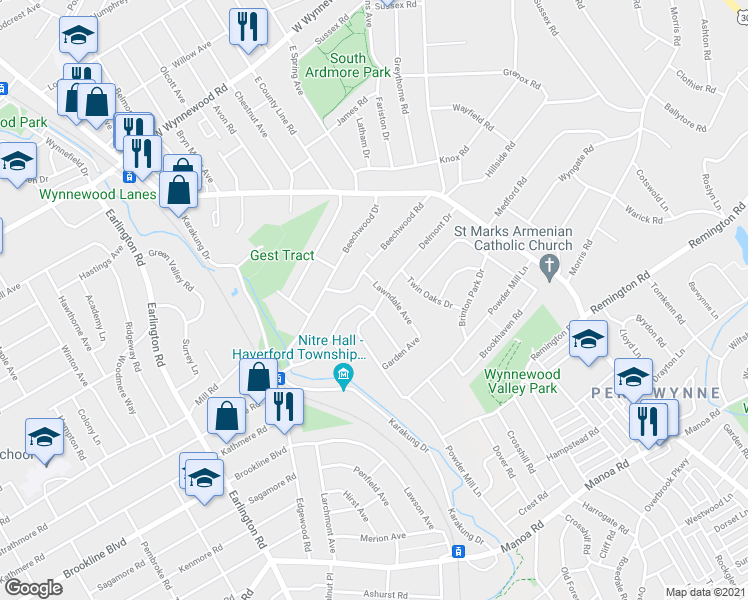 map of restaurants, bars, coffee shops, grocery stores, and more near 1604 Delmont Avenue in Havertown