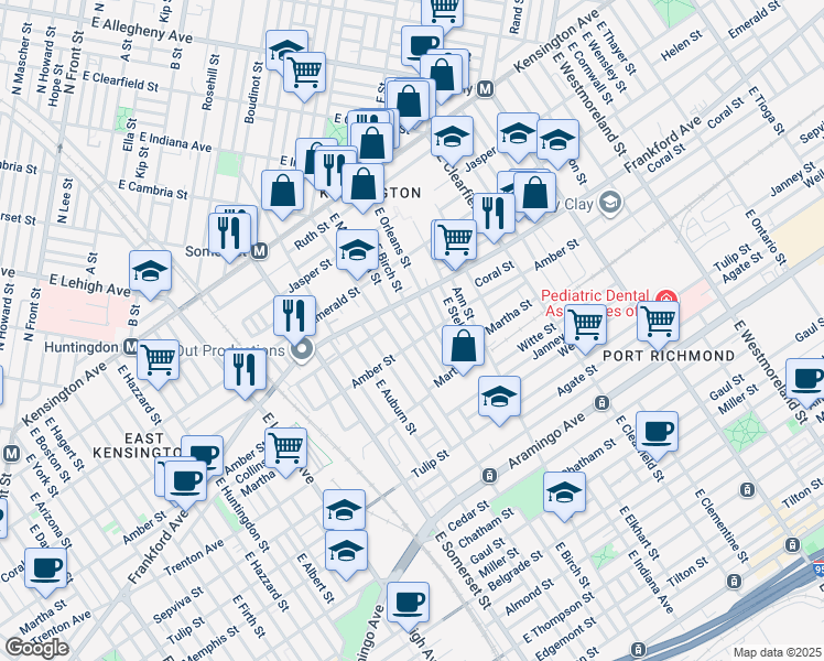 map of restaurants, bars, coffee shops, grocery stores, and more near 2067 East Monmouth Street in Philadelphia