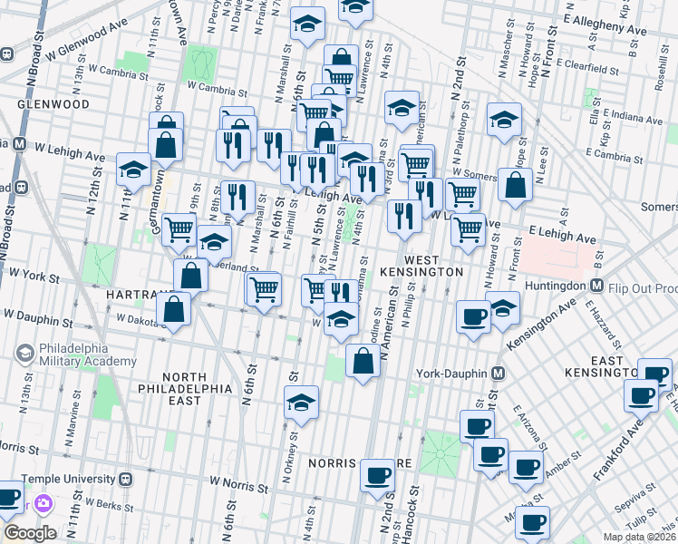 map of restaurants, bars, coffee shops, grocery stores, and more near 2541 North Lawrence Street in Philadelphia