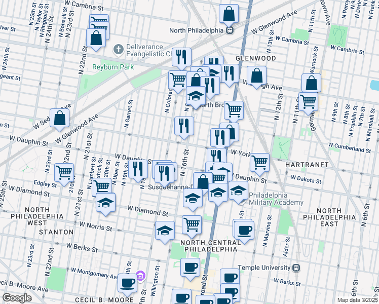 map of restaurants, bars, coffee shops, grocery stores, and more near 2345 North 16th Street in Philadelphia