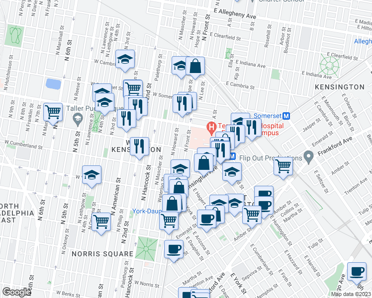 map of restaurants, bars, coffee shops, grocery stores, and more near E Huntingdon St & W Huntingdon St in Philadelphia