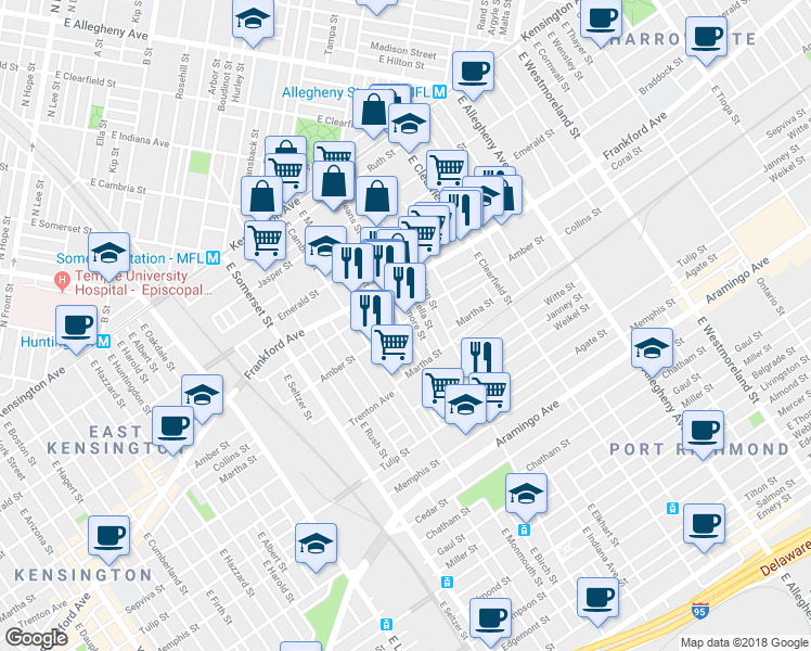 map of restaurants, bars, coffee shops, grocery stores, and more near 2101 East Orleans Street in Philadelphia