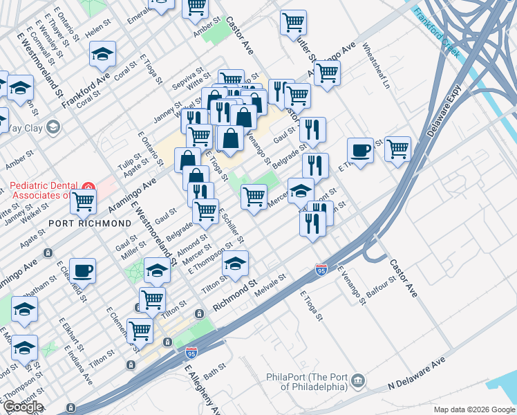 map of restaurants, bars, coffee shops, grocery stores, and more near 2545 East Tioga Street in Philadelphia