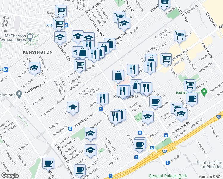 map of restaurants, bars, coffee shops, grocery stores, and more near in Philadelphia