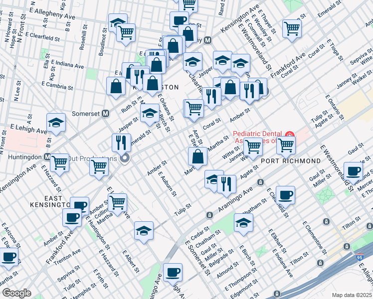 map of restaurants, bars, coffee shops, grocery stores, and more near 2101 East Orleans Street in Philadelphia