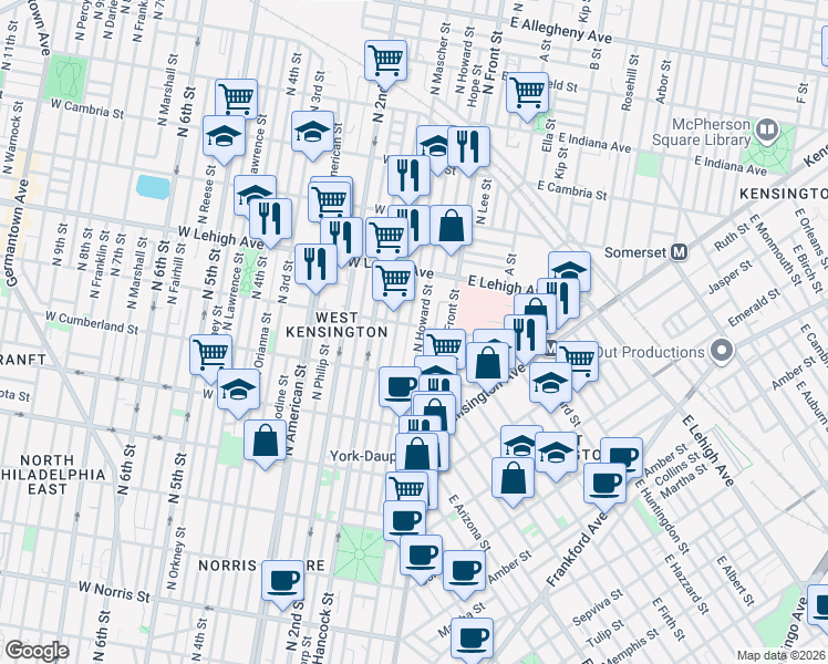 map of restaurants, bars, coffee shops, grocery stores, and more near 2615 North Howard Street in Philadelphia