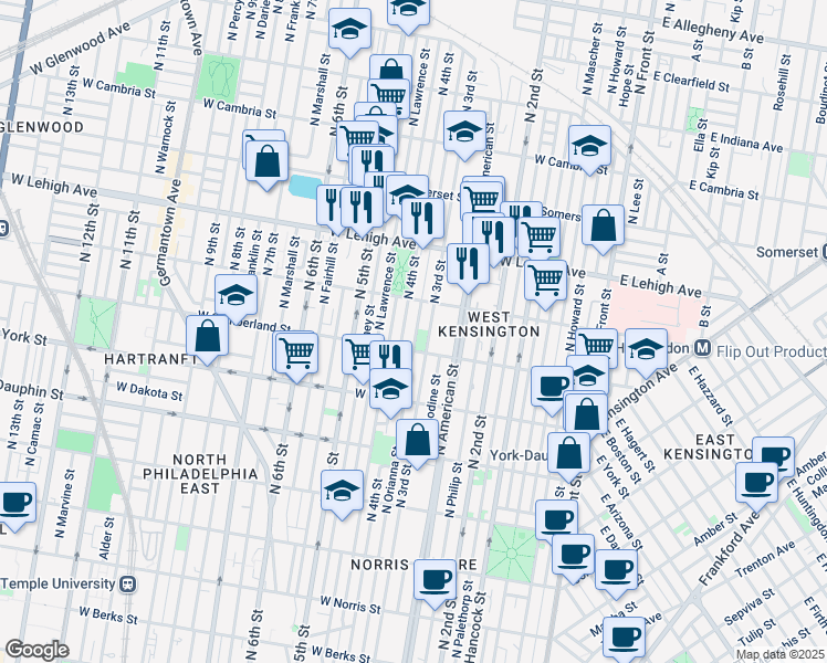 map of restaurants, bars, coffee shops, grocery stores, and more near 2528 North Orianna Street in Philadelphia