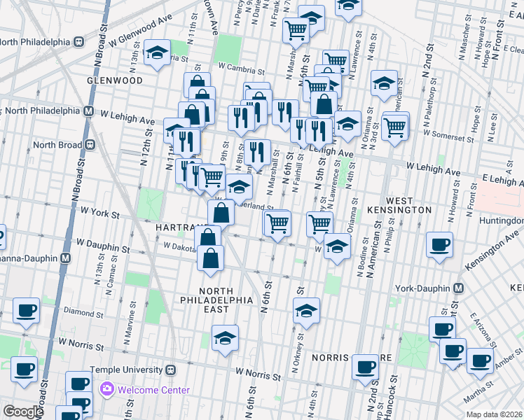 map of restaurants, bars, coffee shops, grocery stores, and more near 2517 North 7th Street in Philadelphia