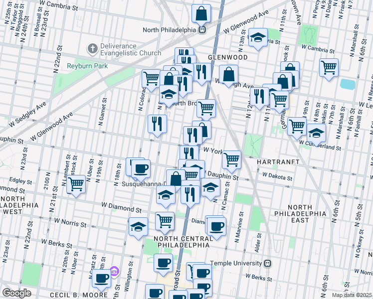 map of restaurants, bars, coffee shops, grocery stores, and more near 1422 West York Street in Philadelphia