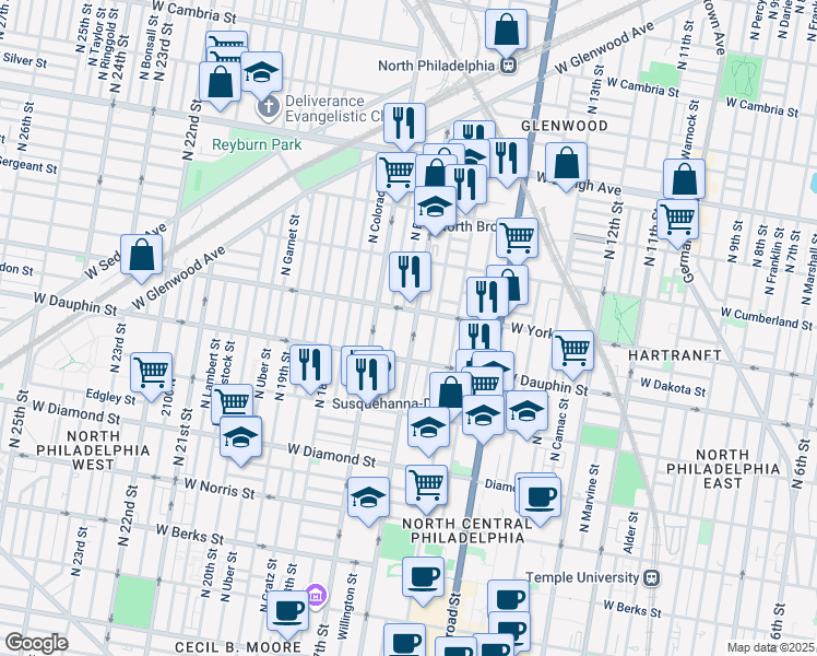 map of restaurants, bars, coffee shops, grocery stores, and more near 2342 North 16th Street in Philadelphia