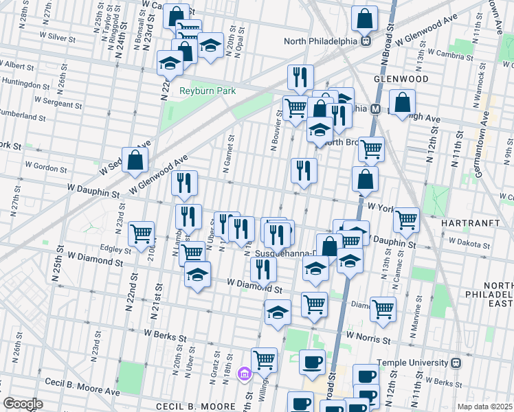 map of restaurants, bars, coffee shops, grocery stores, and more near 2358 North 18th Street in Philadelphia