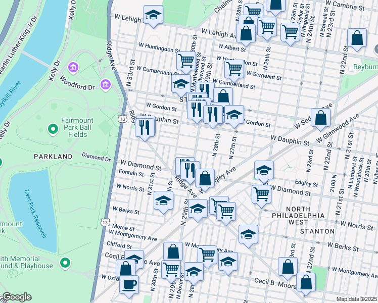 map of restaurants, bars, coffee shops, grocery stores, and more near 2215 North 30th Street in Philadelphia