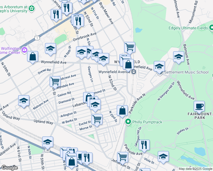 map of restaurants, bars, coffee shops, grocery stores, and more near 2202 North 52nd Street in Philadelphia