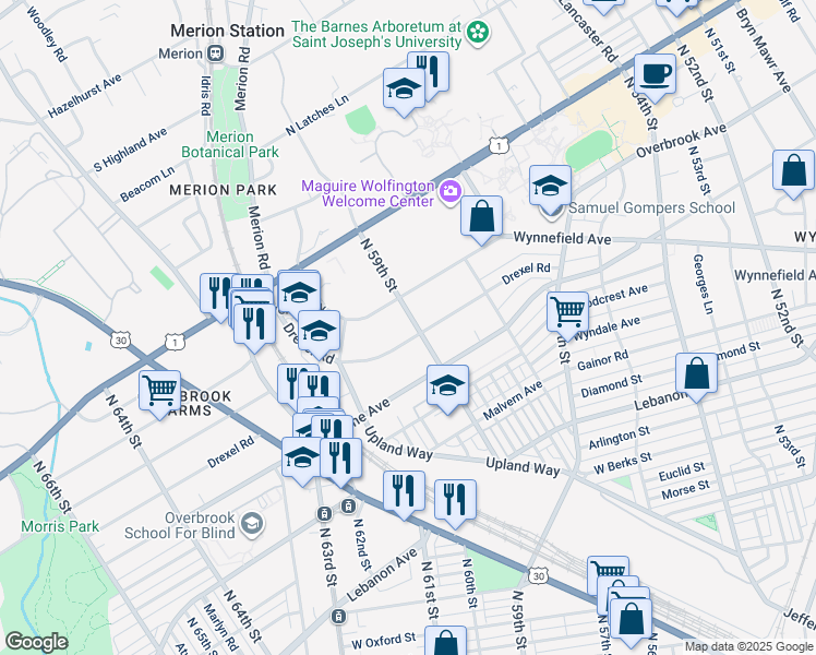 map of restaurants, bars, coffee shops, grocery stores, and more near 5901 Drexel Road in Philadelphia