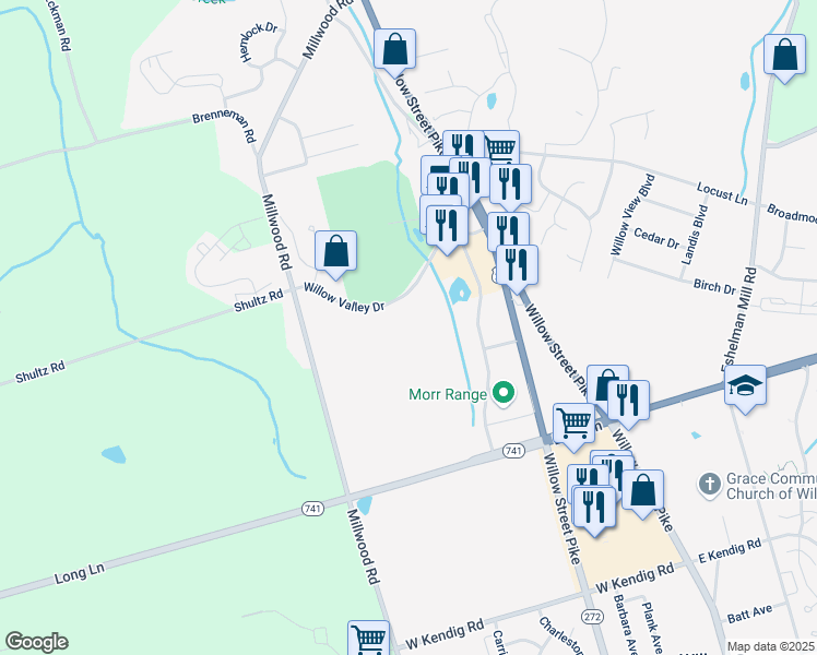 map of restaurants, bars, coffee shops, grocery stores, and more near 121-247 Willow Valley Dr in Lancaster