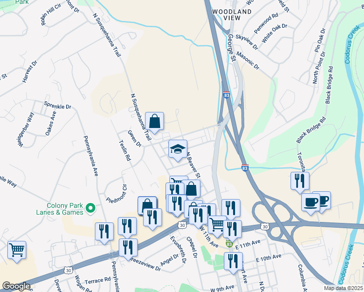 map of restaurants, bars, coffee shops, grocery stores, and more near 92 Lightner Road in York