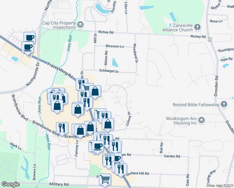 map of restaurants, bars, coffee shops, grocery stores, and more near 1965 Muirwood Drive in Zanesville