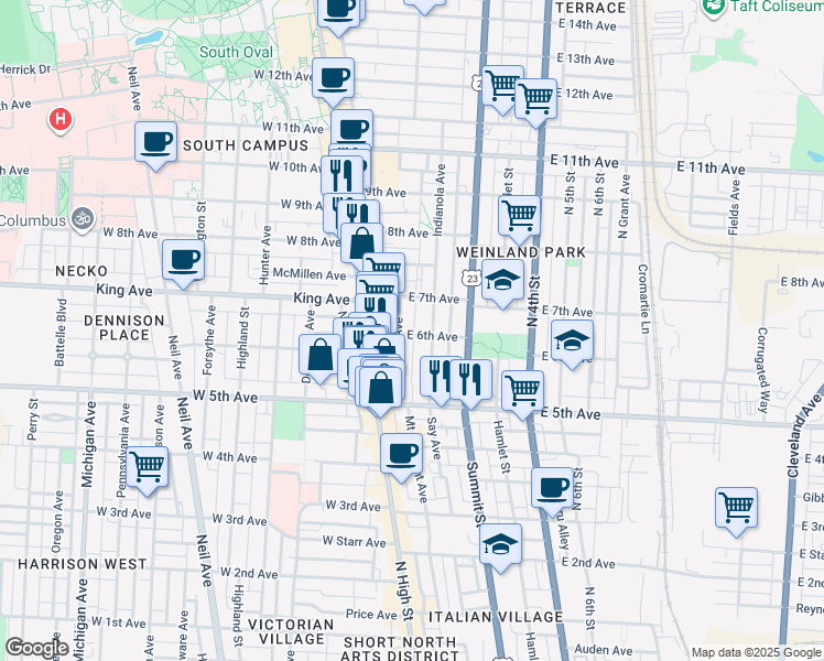 map of restaurants, bars, coffee shops, grocery stores, and more near 77 East 7th Avenue in Columbus