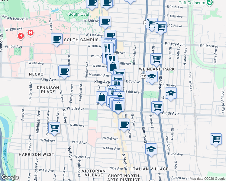 map of restaurants, bars, coffee shops, grocery stores, and more near 1374 North High Street in Columbus