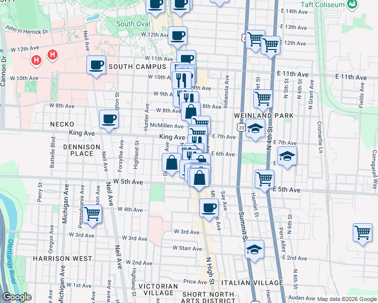 map of restaurants, bars, coffee shops, grocery stores, and more near 1374 North High Street in Columbus
