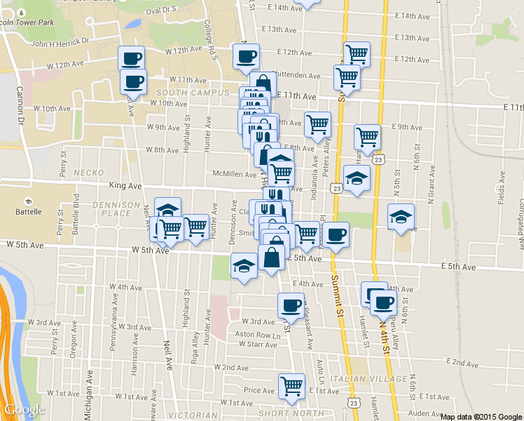 map of restaurants, bars, coffee shops, grocery stores, and more near 29 King Avenue in Columbus