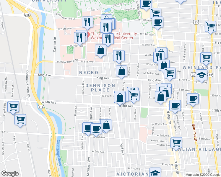 map of restaurants, bars, coffee shops, grocery stores, and more near 316 West 7th Avenue in Columbus