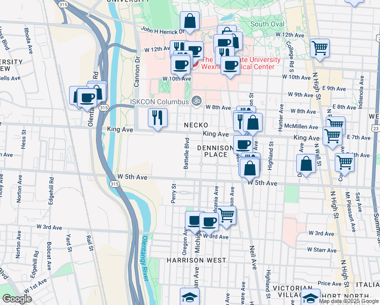 map of restaurants, bars, coffee shops, grocery stores, and more near 403 King Avenue in Columbus
