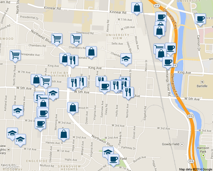 map of restaurants, bars, coffee shops, grocery stores, and more near 1518 Kenny Road in Columbus