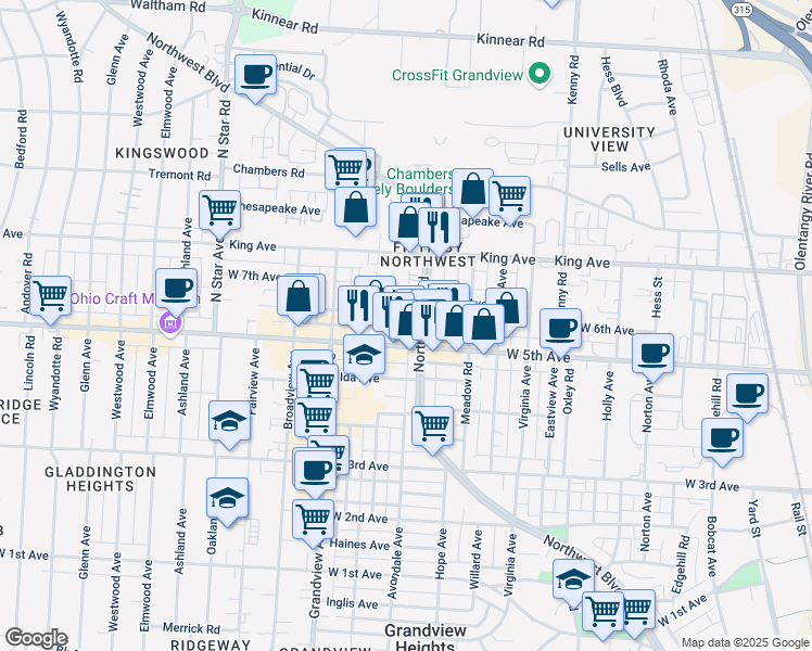 map of restaurants, bars, coffee shops, grocery stores, and more near 1312 West 6th Avenue in Columbus