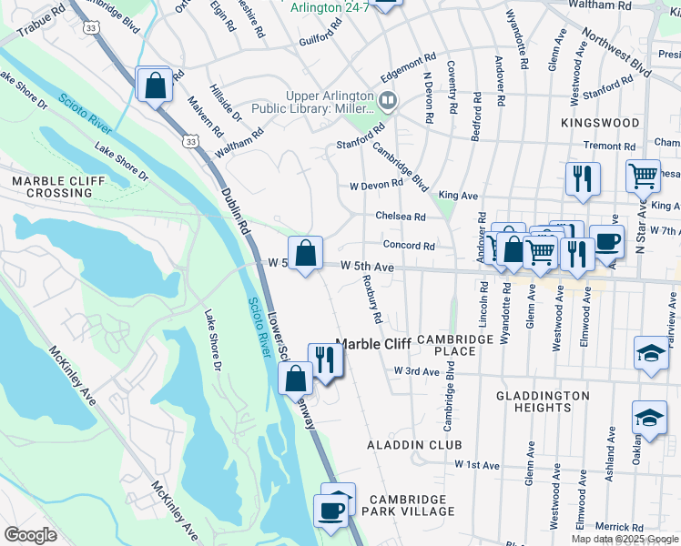 map of restaurants, bars, coffee shops, grocery stores, and more near 1669 Roxbury Road in Columbus