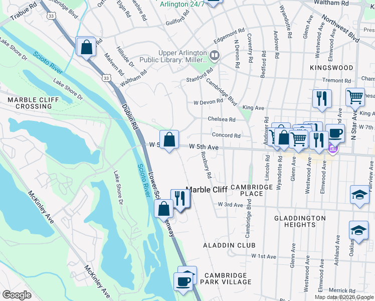 map of restaurants, bars, coffee shops, grocery stores, and more near 1669 Roxbury Road in Columbus