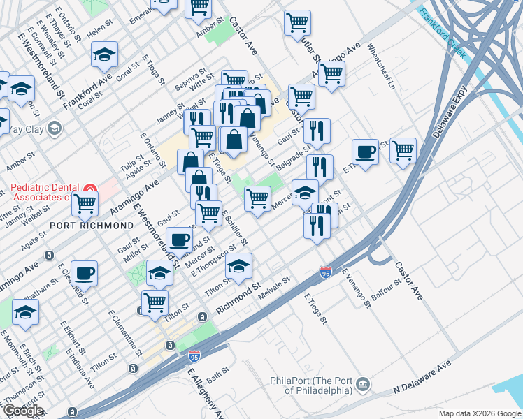map of restaurants, bars, coffee shops, grocery stores, and more near 2545 East Tioga Street in Philadelphia