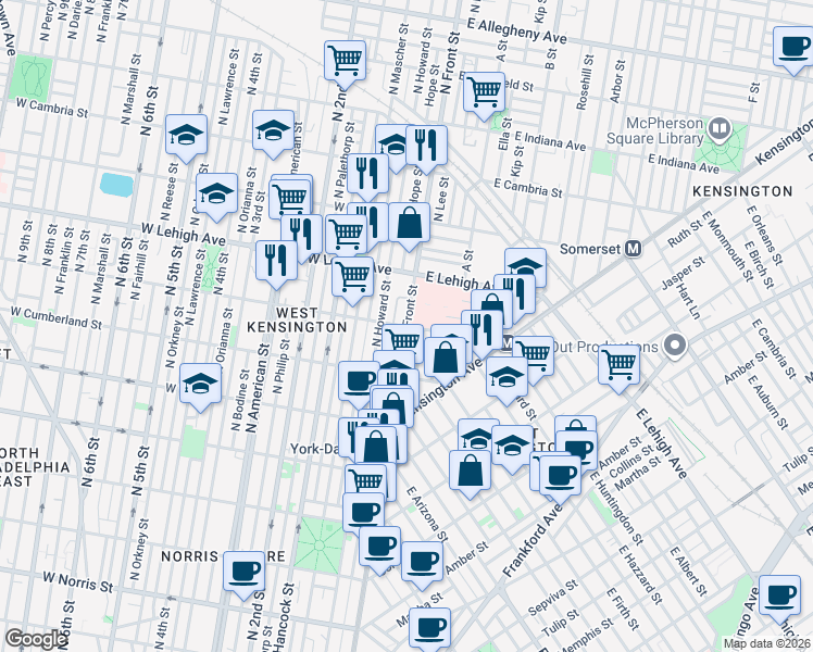 map of restaurants, bars, coffee shops, grocery stores, and more near North Front Street & East Huntingdon Street in Philadelphia