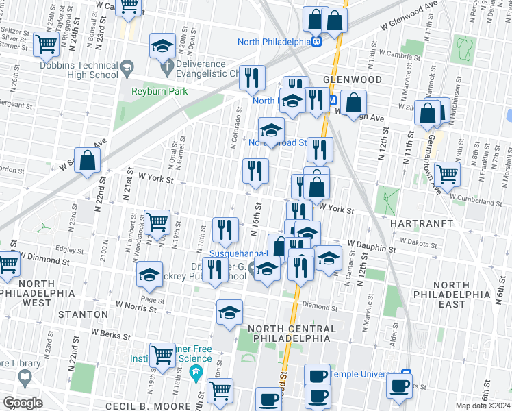 map of restaurants, bars, coffee shops, grocery stores, and more near 2342 North 16th Street in Philadelphia