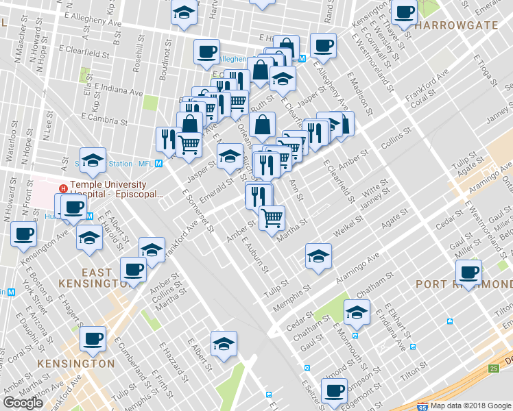 map of restaurants, bars, coffee shops, grocery stores, and more near 2058 East Monmouth Street in Philadelphia