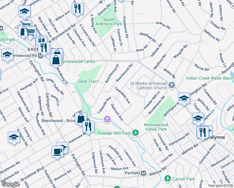 map of restaurants, bars, coffee shops, grocery stores, and more near 1604 Delmont Avenue in Havertown