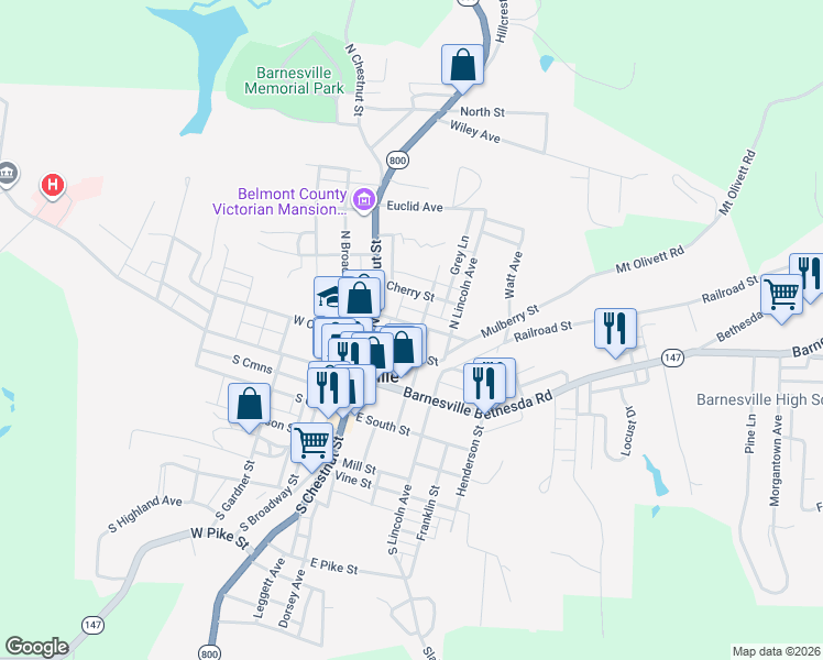 map of restaurants, bars, coffee shops, grocery stores, and more near 132 Cherry Street in Barnesville