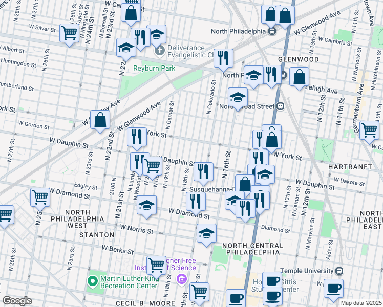 map of restaurants, bars, coffee shops, grocery stores, and more near 2327 North 18th Street in Philadelphia