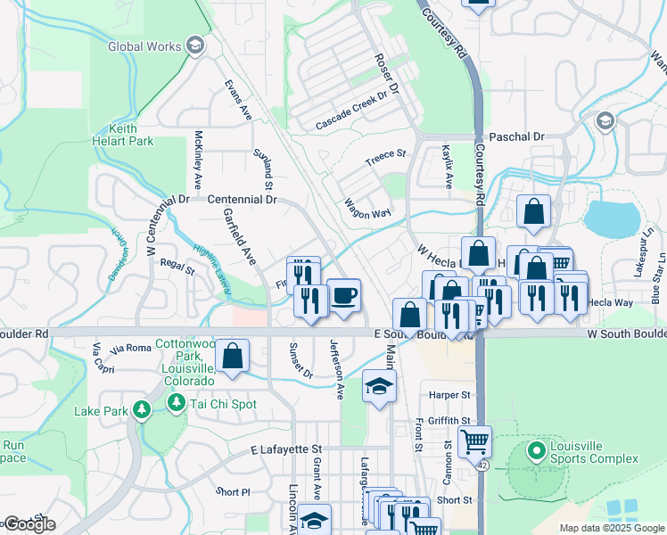 map of restaurants, bars, coffee shops, grocery stores, and more near 2002 Centennial Drive in Louisville