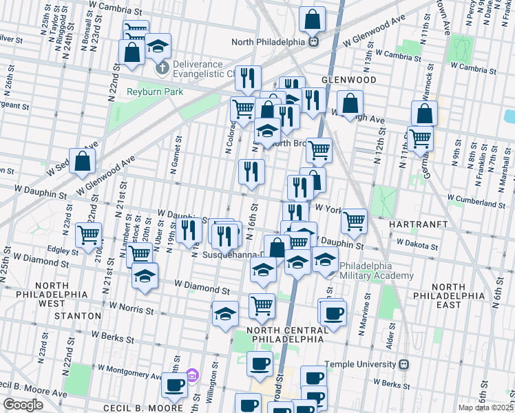 map of restaurants, bars, coffee shops, grocery stores, and more near 2345 North 16th Street in Philadelphia