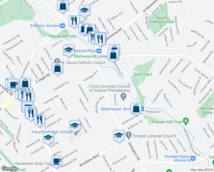 map of restaurants, bars, coffee shops, grocery stores, and more near 1653 Surrey Lane in Havertown