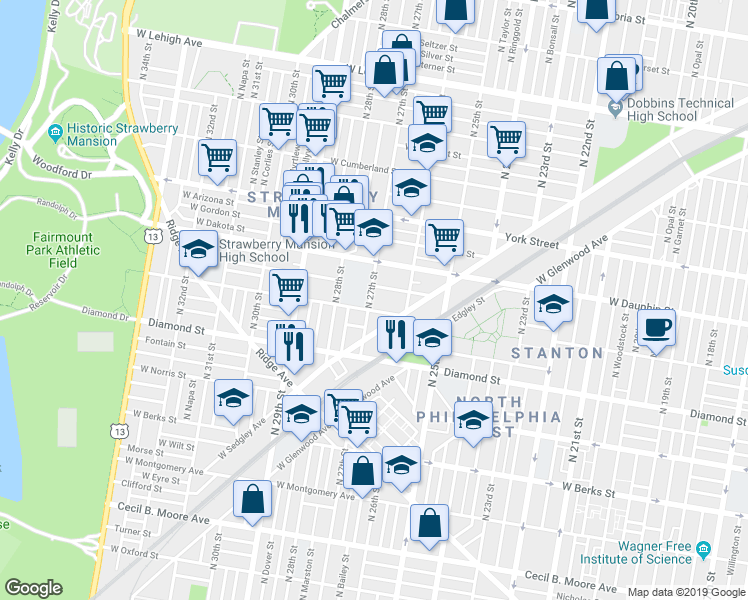 map of restaurants, bars, coffee shops, grocery stores, and more near 2211 North 27th Street in Philadelphia