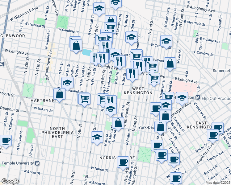 map of restaurants, bars, coffee shops, grocery stores, and more near 2528 North Orianna Street in Philadelphia