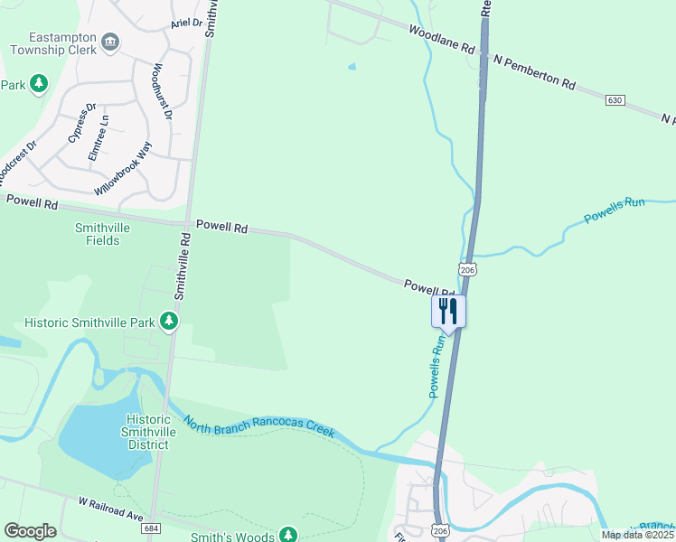 map of restaurants, bars, coffee shops, grocery stores, and more near 858 Powell Road in Mount Holly