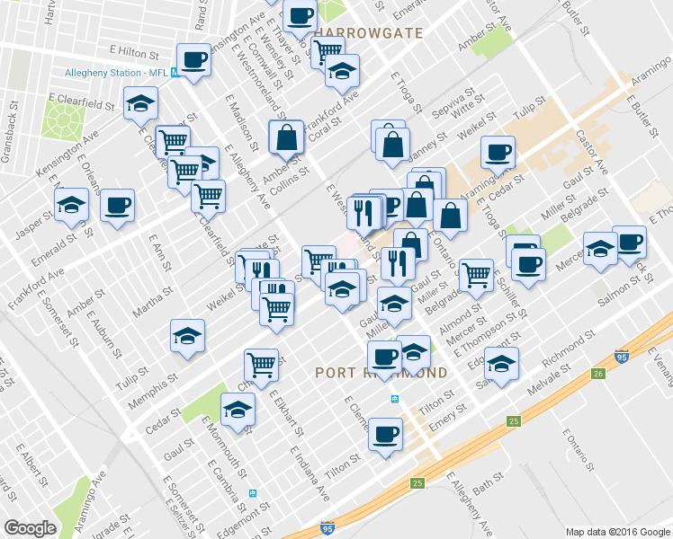 map of restaurants, bars, coffee shops, grocery stores, and more near 3227 Memphis Street in Philadelphia