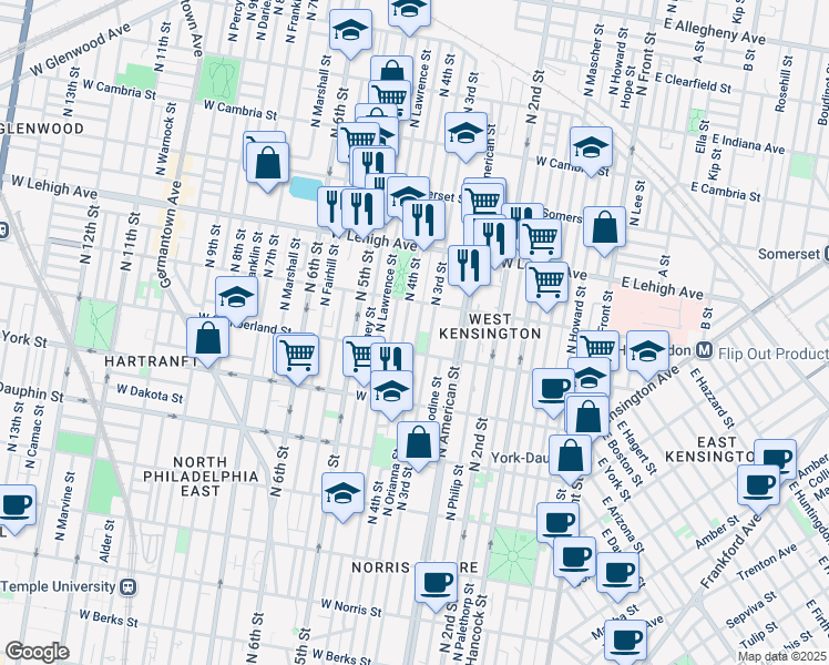 map of restaurants, bars, coffee shops, grocery stores, and more near 2530 North Orianna Street in Philadelphia